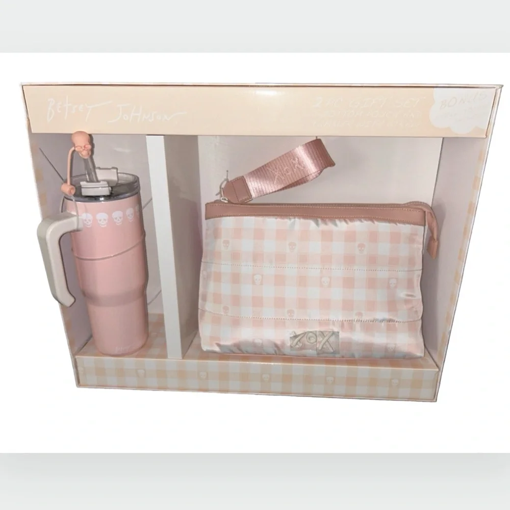 BETSEY JOHNSON PEACH & WHITE CHECKERED SKULL LUNCH BAG & SKULL TUMBLER SET NWT - Picture 5 of 12